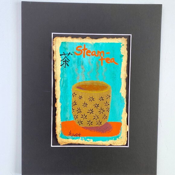 Steam Tea Original Art Acrylic Painting Mixed Media Matted Frame Ready 8x10in - Picture 4 of 6
